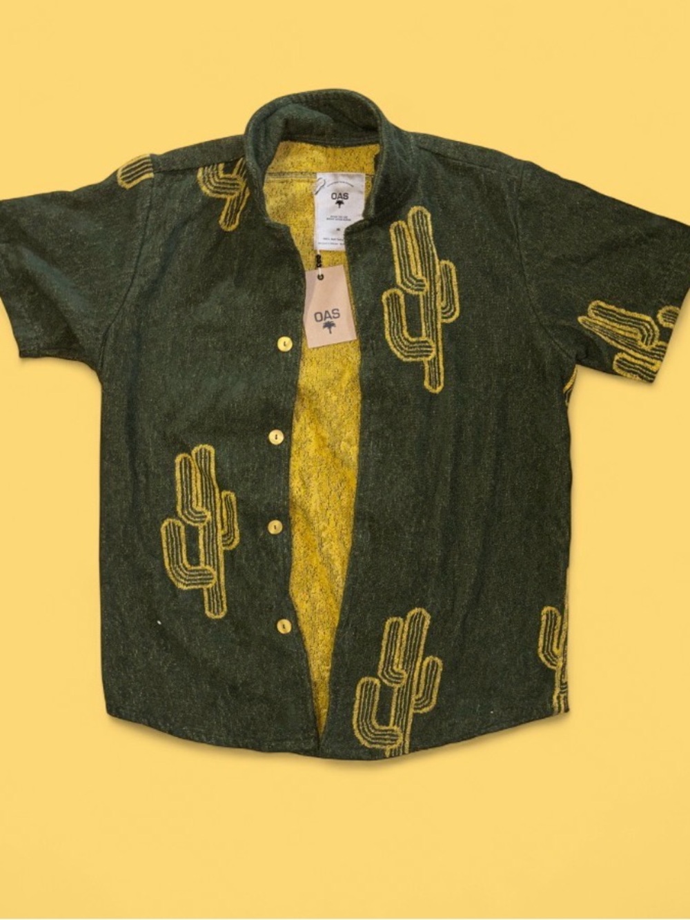 OAS Green Short-Sleeve Cactus Button-Up with Yellow Accents